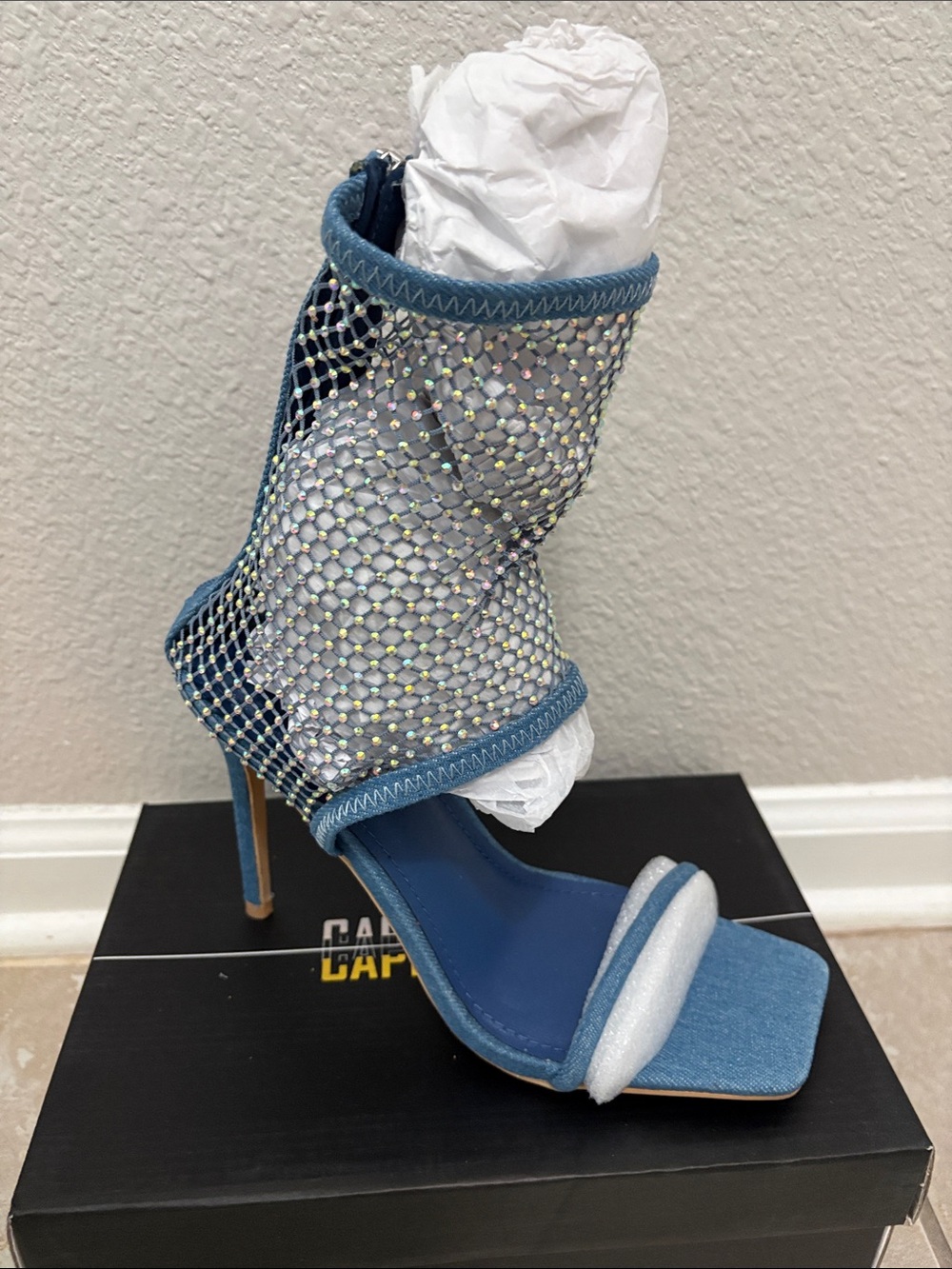 Denim Crystal Mesh Stiletto Sandals
